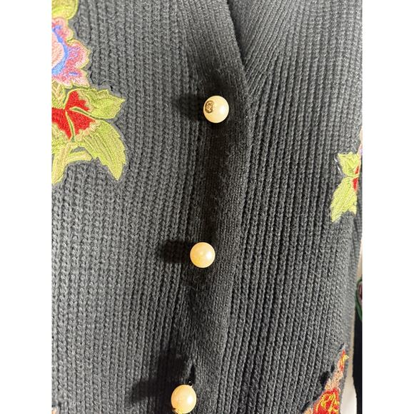Unique Long Black Embroidered Appliqués Cardigan Sweater Sz M Designer Inspired - Picture 7 of 9